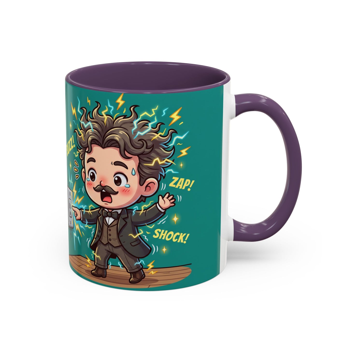 Nikola Tesla Cartoon 'Zap! Shock! Buzz!' Accent Coffee Mug (11/15oz)