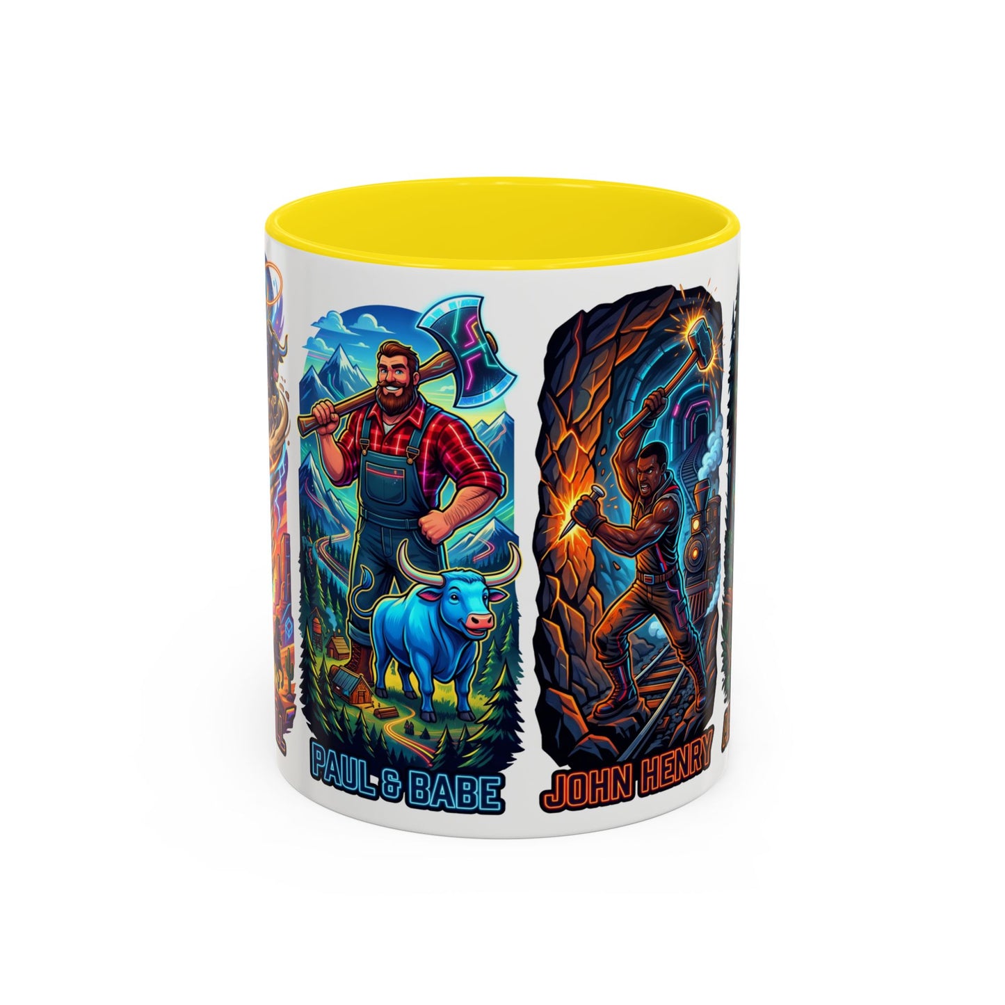 Lumberjack Legends Accent Coffee Mug — Illustrated Paul & Babe, John Henry, Abe Lincoln Designs (11/15oz)