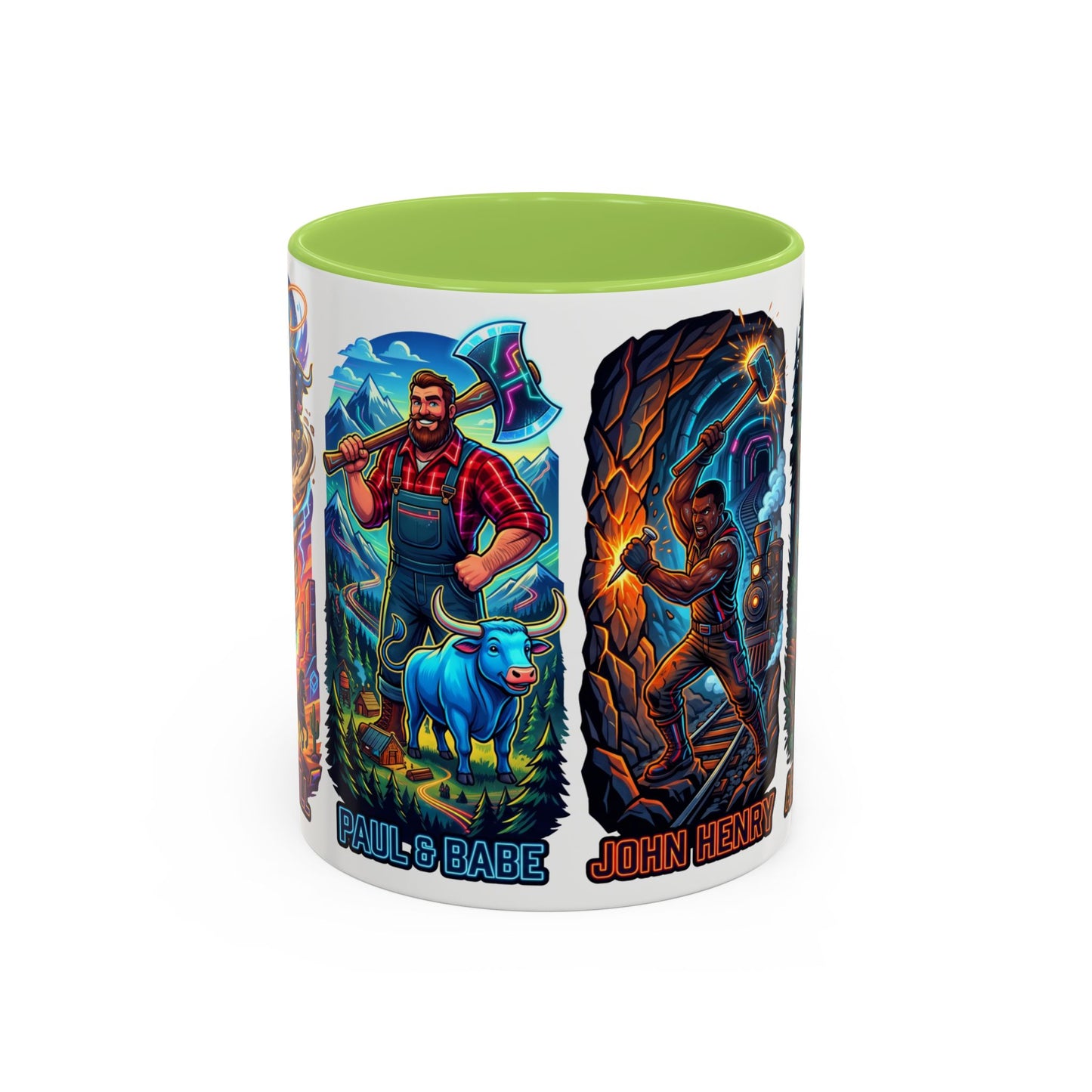 Lumberjack Legends Accent Coffee Mug — Illustrated Paul & Babe, John Henry, Abe Lincoln Designs (11/15oz)
