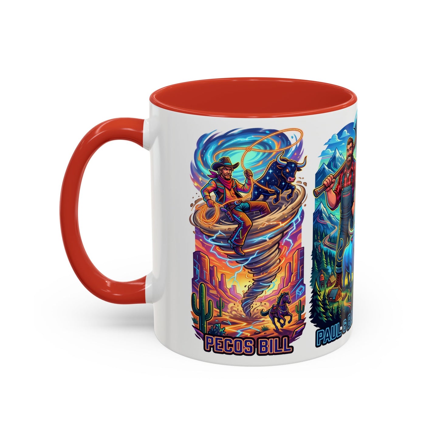 Lumberjack Legends Accent Coffee Mug — Illustrated Paul & Babe, John Henry, Abe Lincoln Designs (11/15oz)