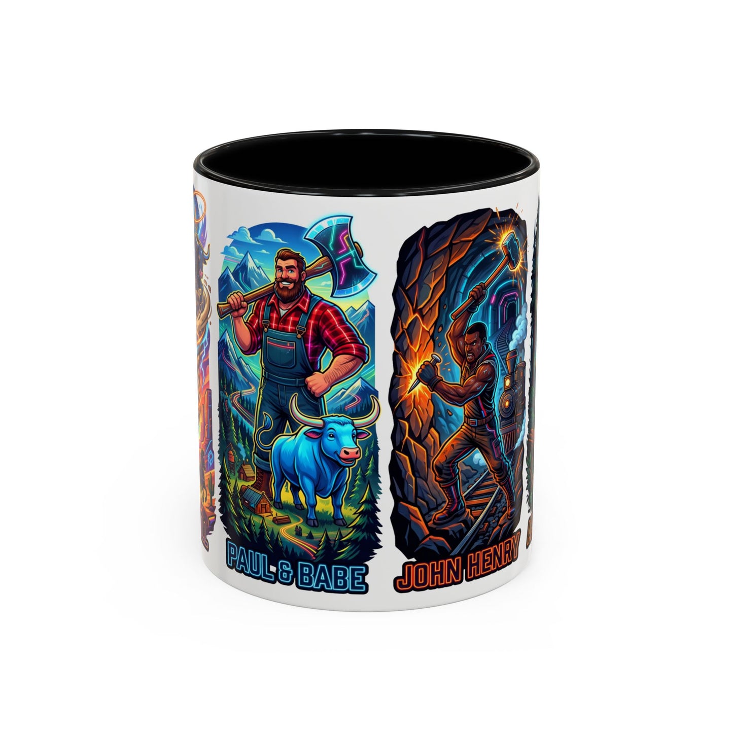 Lumberjack Legends Accent Coffee Mug — Illustrated Paul & Babe, John Henry, Abe Lincoln Designs (11/15oz)