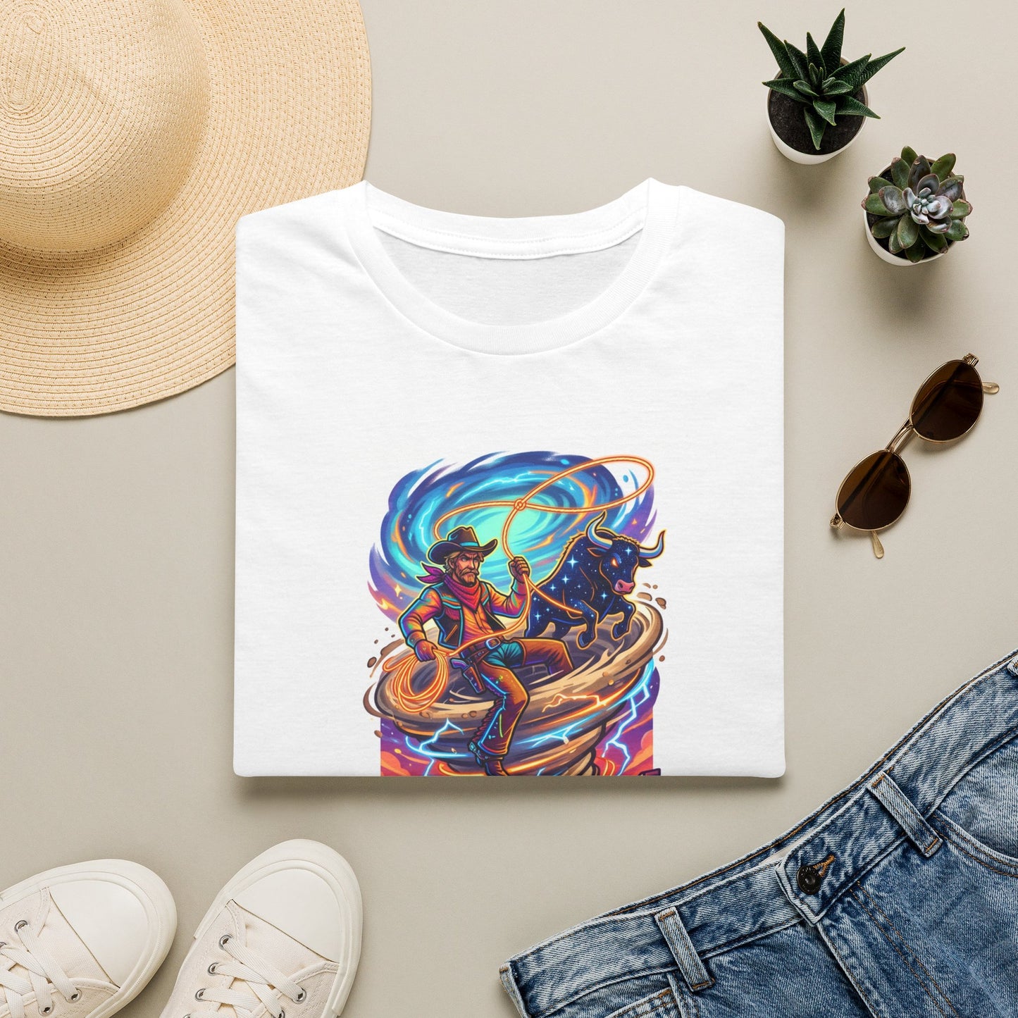 T-Shirt — 'Ride the Storm' Colorful Surfer Cosmic Wave Graphic Tee