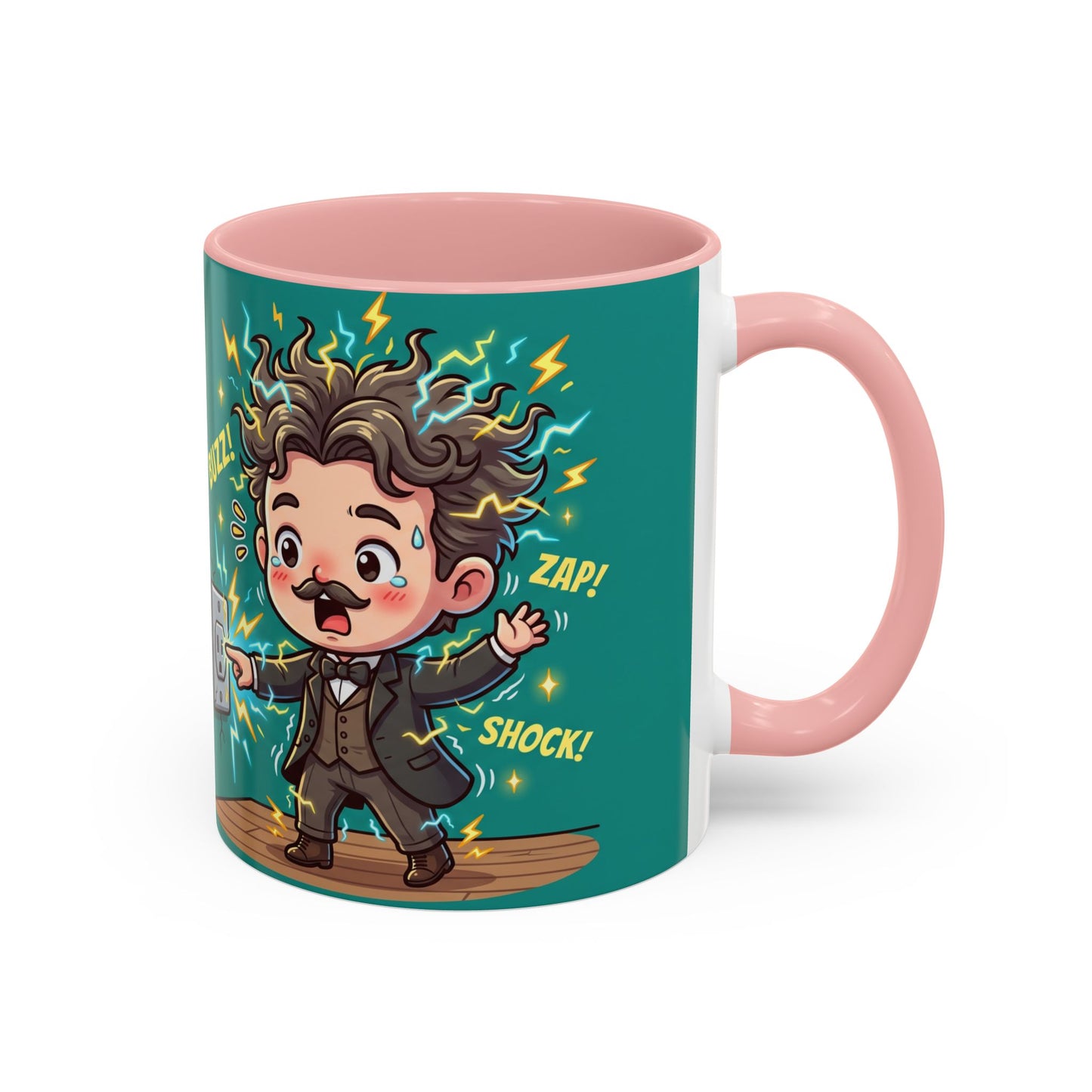 Nikola Tesla Cartoon 'Zap! Shock! Buzz!' Accent Coffee Mug (11/15oz)