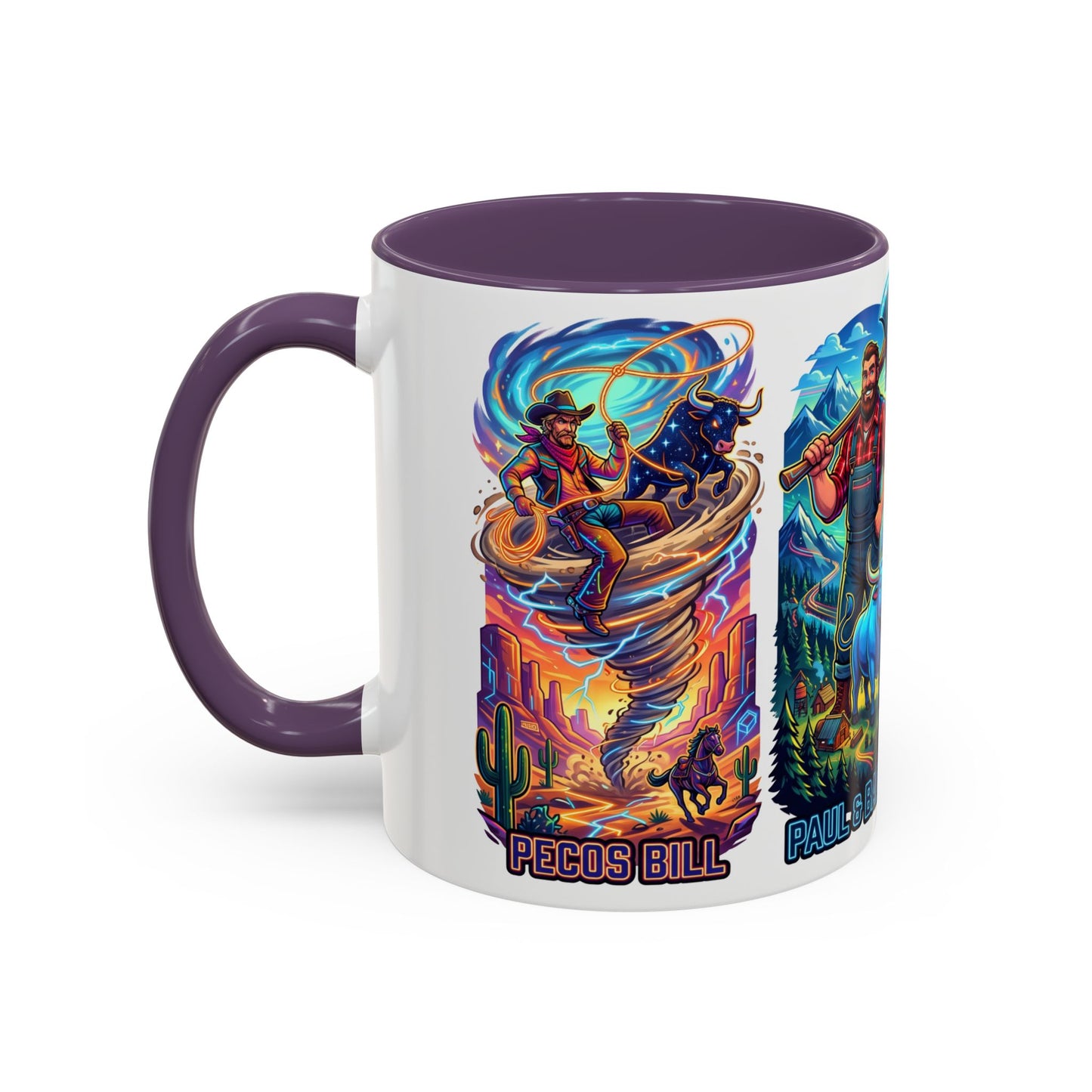 Lumberjack Legends Accent Coffee Mug — Illustrated Paul & Babe, John Henry, Abe Lincoln Designs (11/15oz)