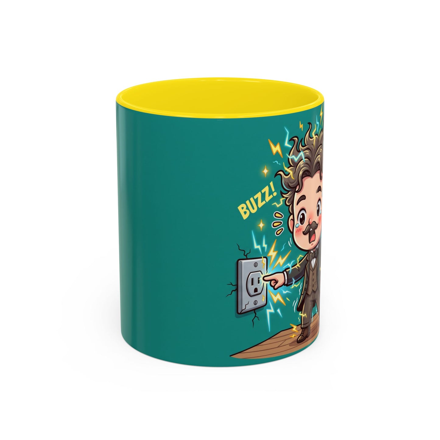 Nikola Tesla Cartoon 'Zap! Shock! Buzz!' Accent Coffee Mug (11/15oz)
