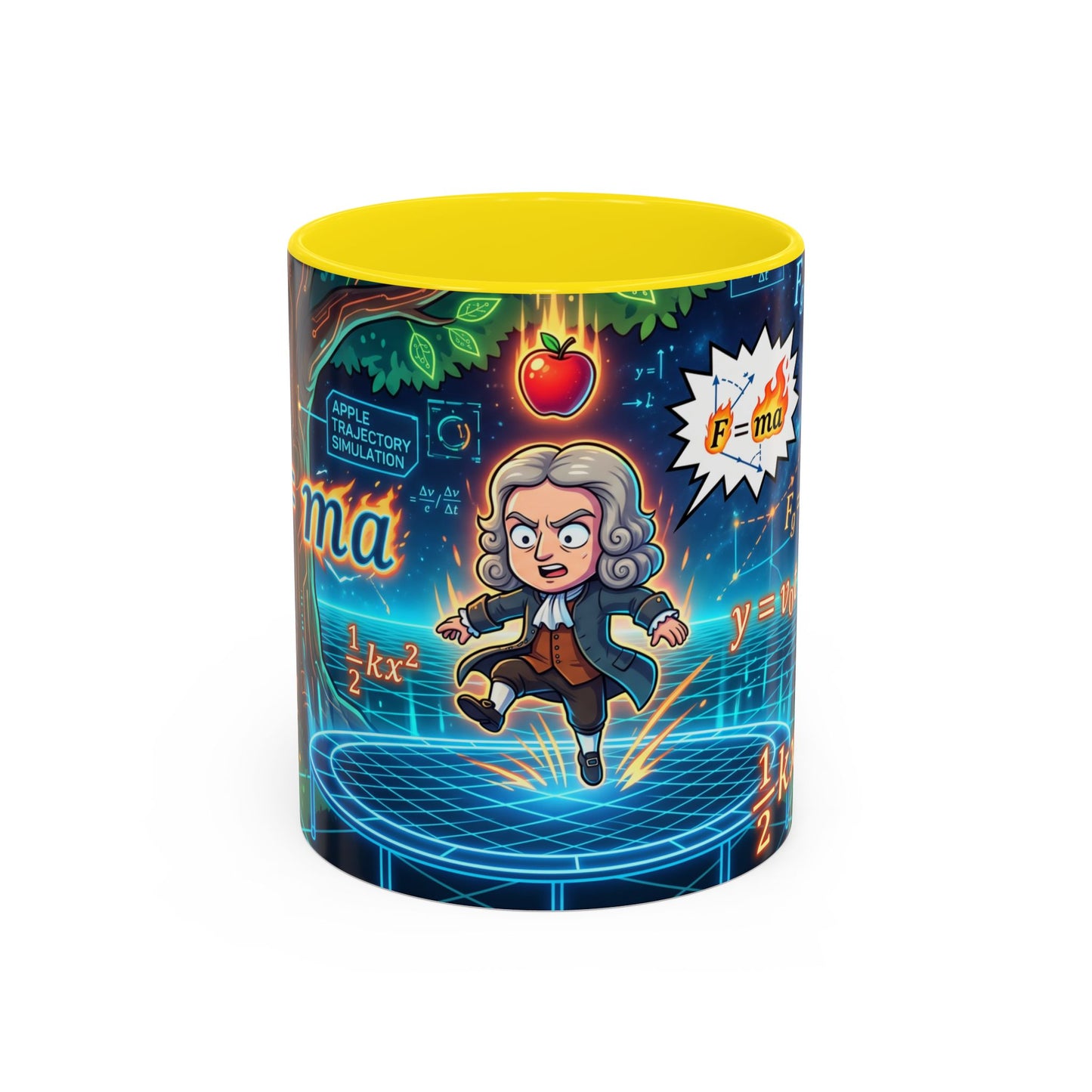 Isaac Newton Cartoon Coffee Mug — Physics Equations & Apple Science Design