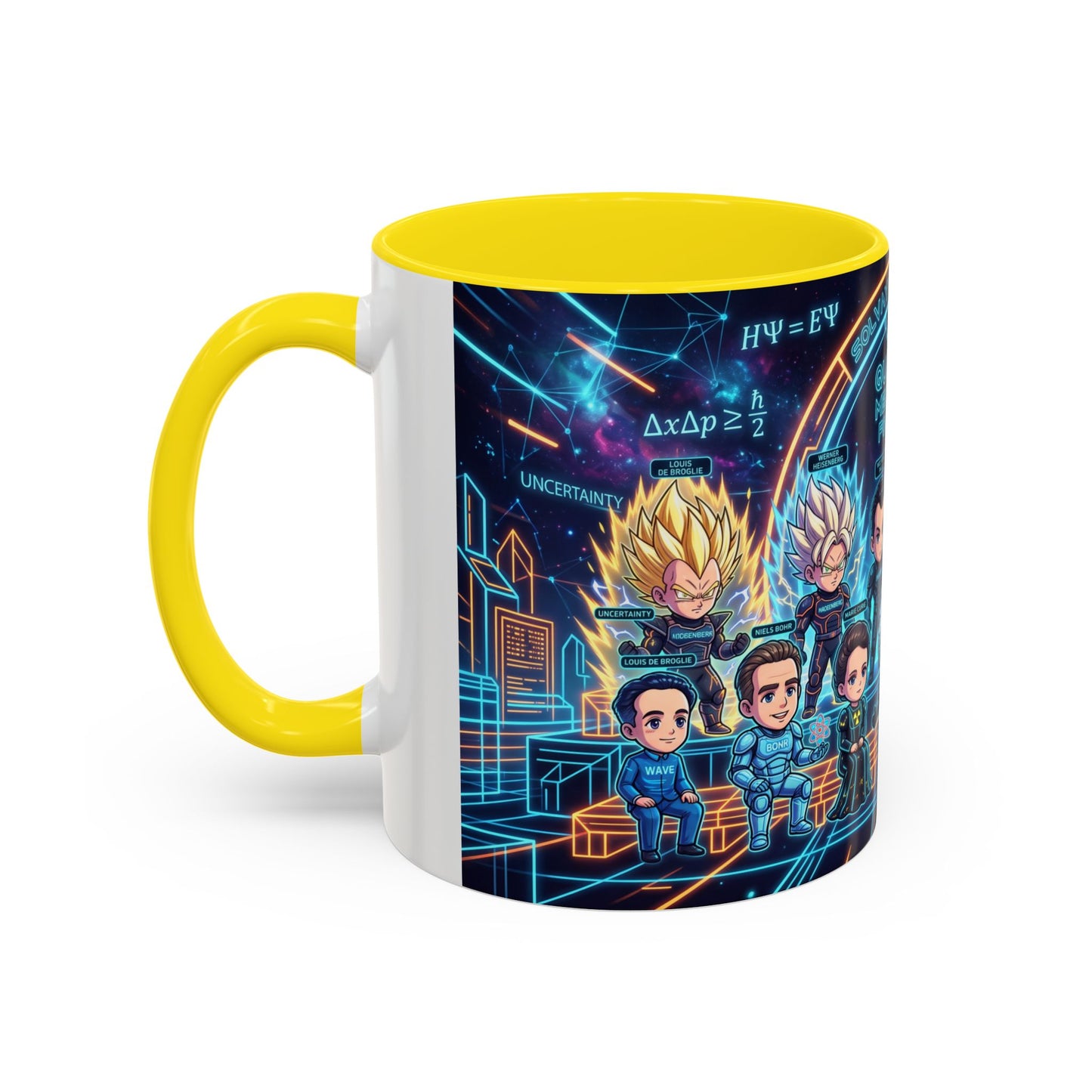 Quantum Mechanics Team Accent Coffee Mug — Cute Scientist Cartoon Design (11/15oz)