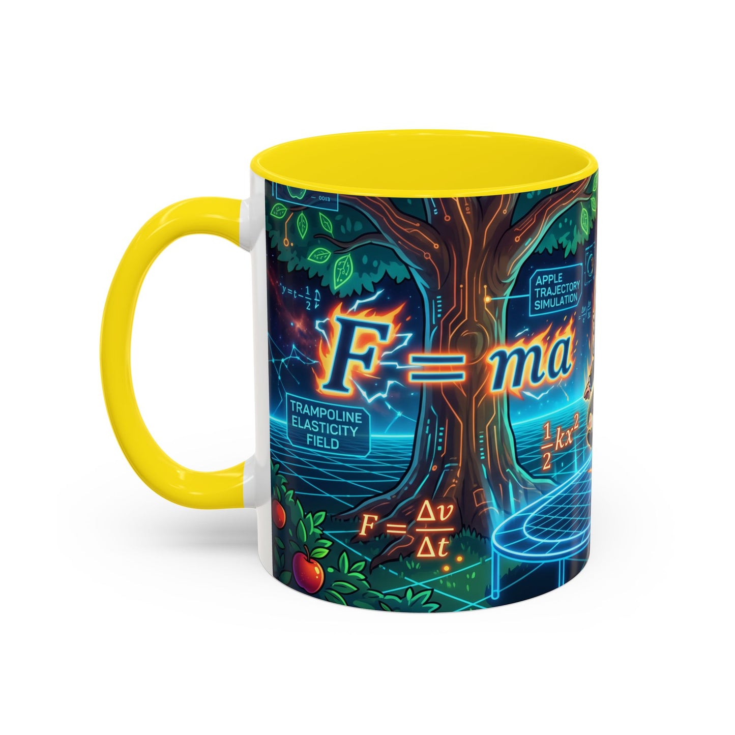 Isaac Newton Cartoon Coffee Mug — Physics Equations & Apple Science Design