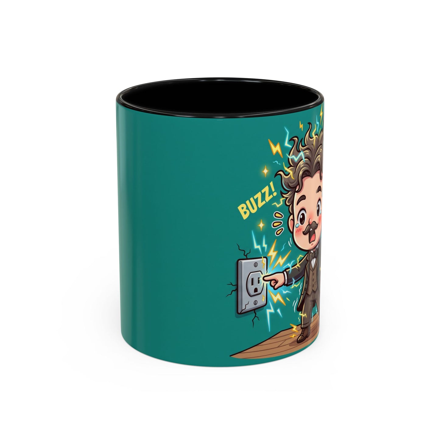 Nikola Tesla Cartoon 'Zap! Shock! Buzz!' Accent Coffee Mug (11/15oz)