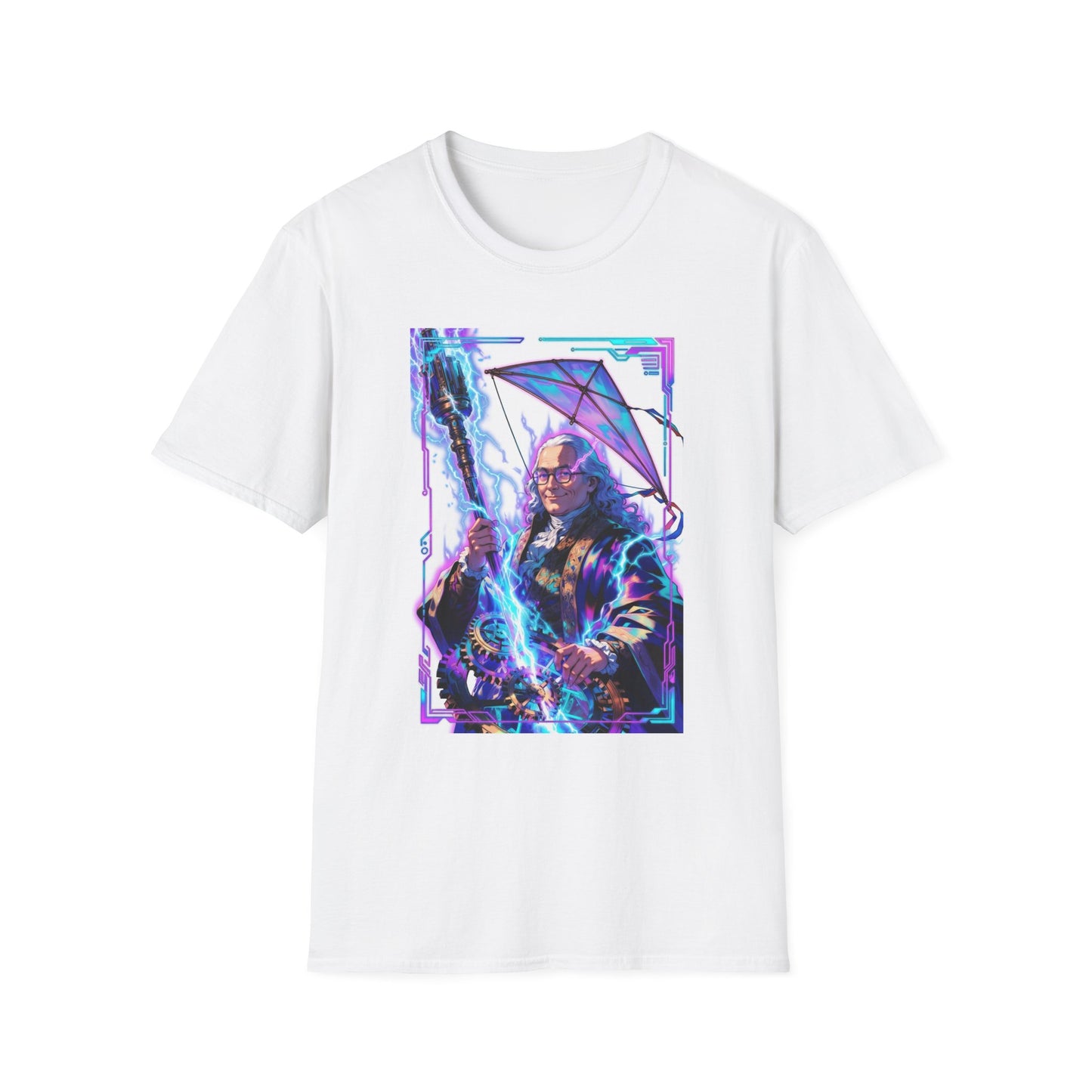 Cyberpunk Benjamin Franklin T-Shirt — Neon Wizard with Umbrella