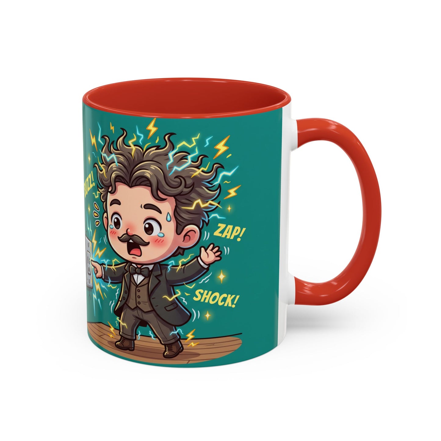 Nikola Tesla Cartoon 'Zap! Shock! Buzz!' Accent Coffee Mug (11/15oz)
