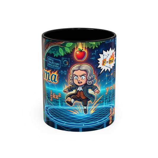 Isaac Newton Cartoon Coffee Mug — Physics Equations & Apple Science Design