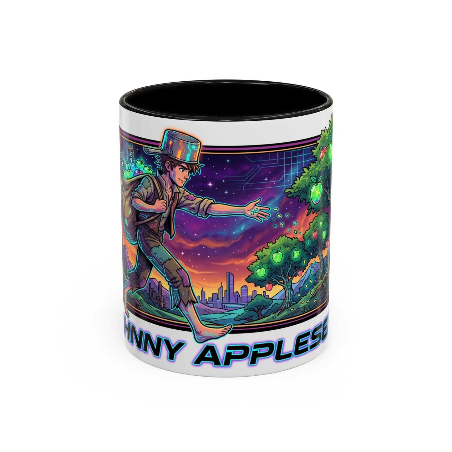 Johnny Appleseed Accent Coffee Mug — Colorful Retro Nature Art (11/15oz)