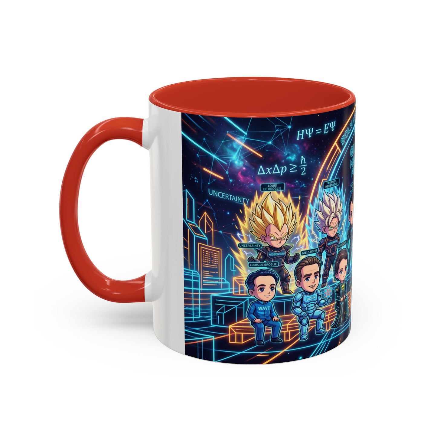 Quantum Mechanics Team Accent Coffee Mug — Cute Scientist Cartoon Design (11/15oz)