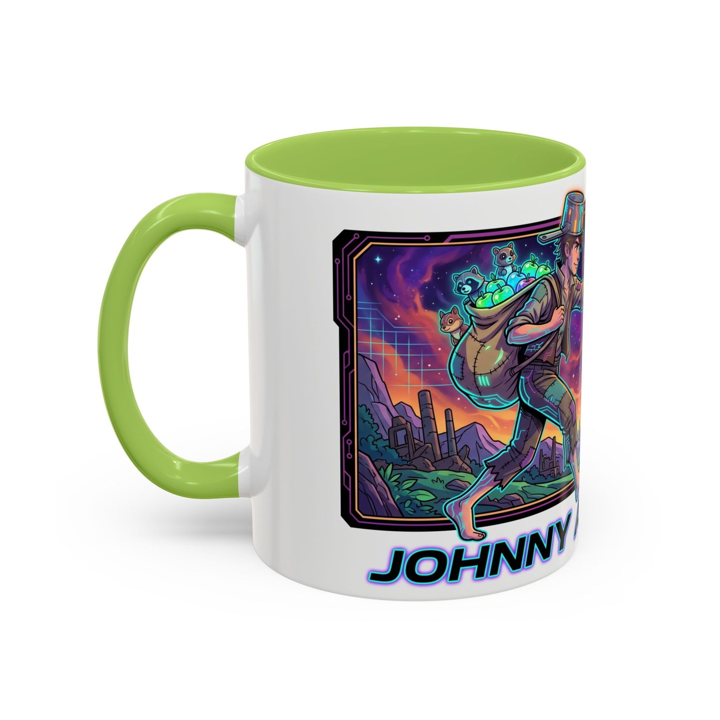 Johnny Appleseed Accent Coffee Mug — Colorful Retro Nature Art (11/15oz)