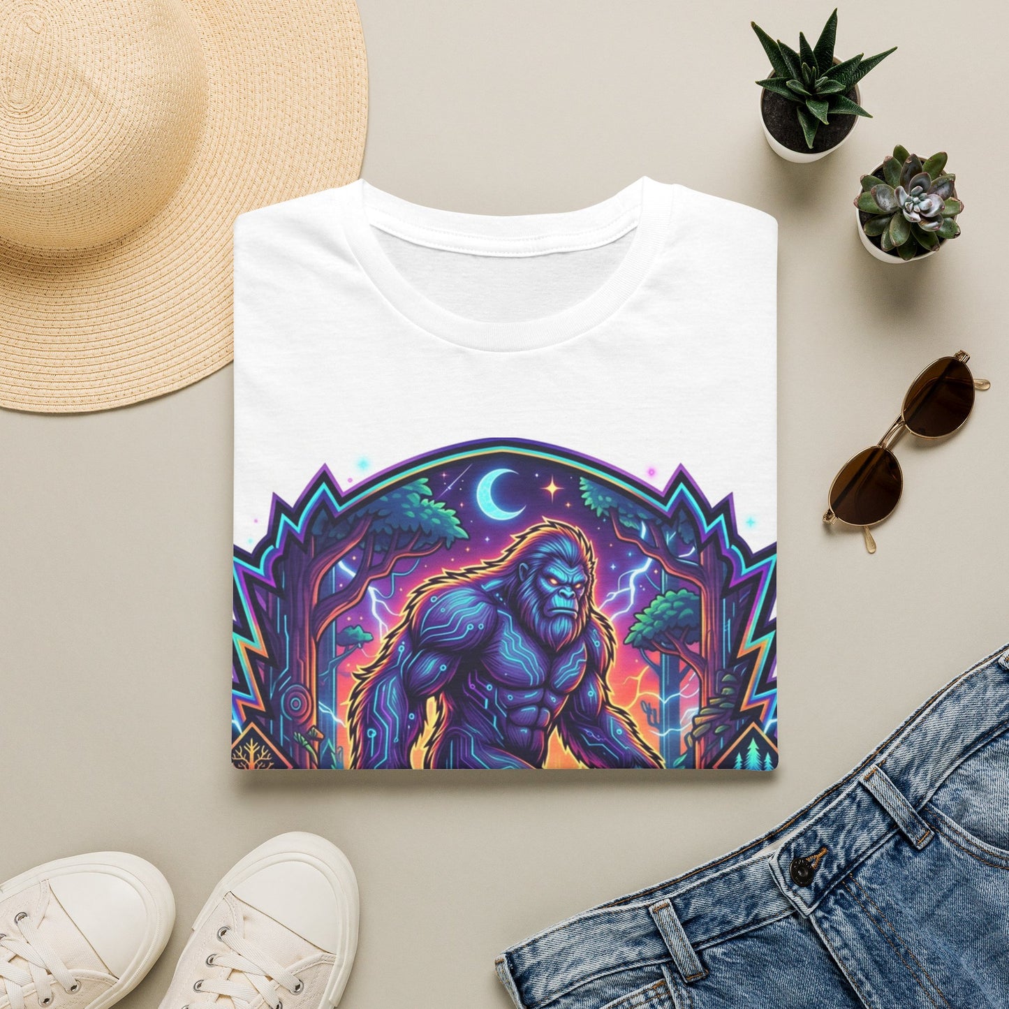 Bigfoot Graphic Tee — Retro Neon Sasquatch Illustration