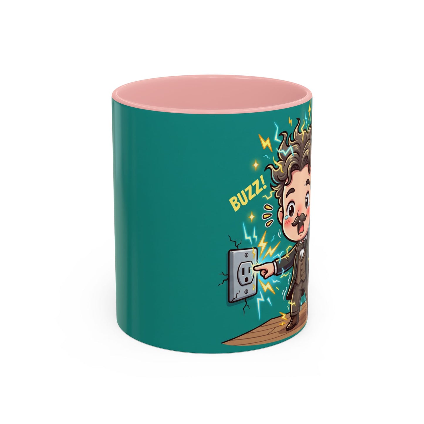 Nikola Tesla Cartoon 'Zap! Shock! Buzz!' Accent Coffee Mug (11/15oz)