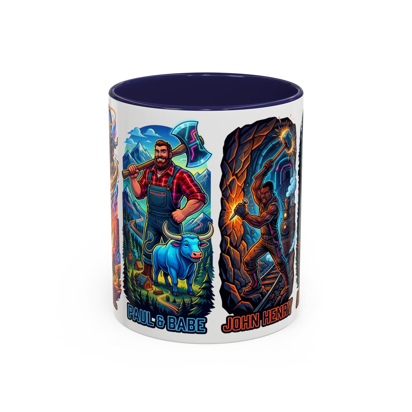 Lumberjack Legends Accent Coffee Mug — Illustrated Paul & Babe, John Henry, Abe Lincoln Designs (11/15oz)