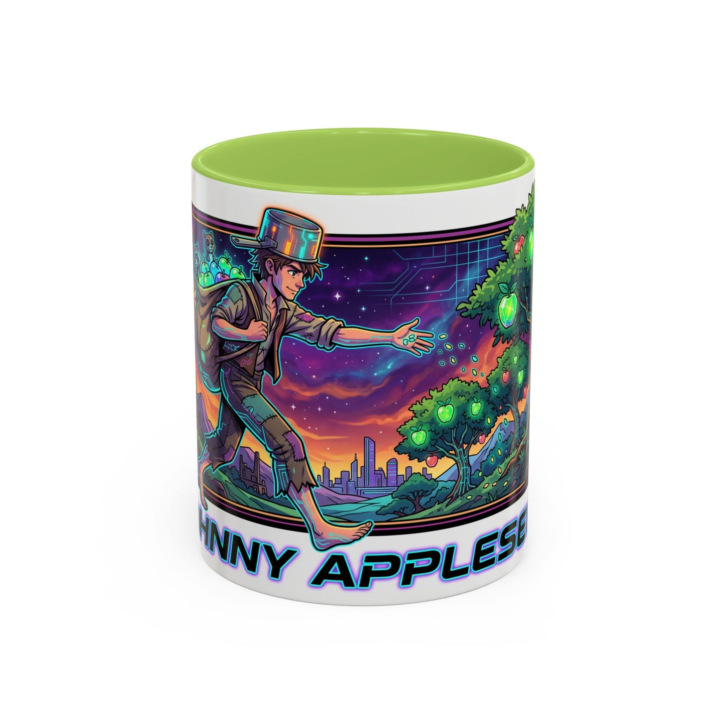 Johnny Appleseed Accent Coffee Mug — Colorful Retro Nature Art (11/15oz)