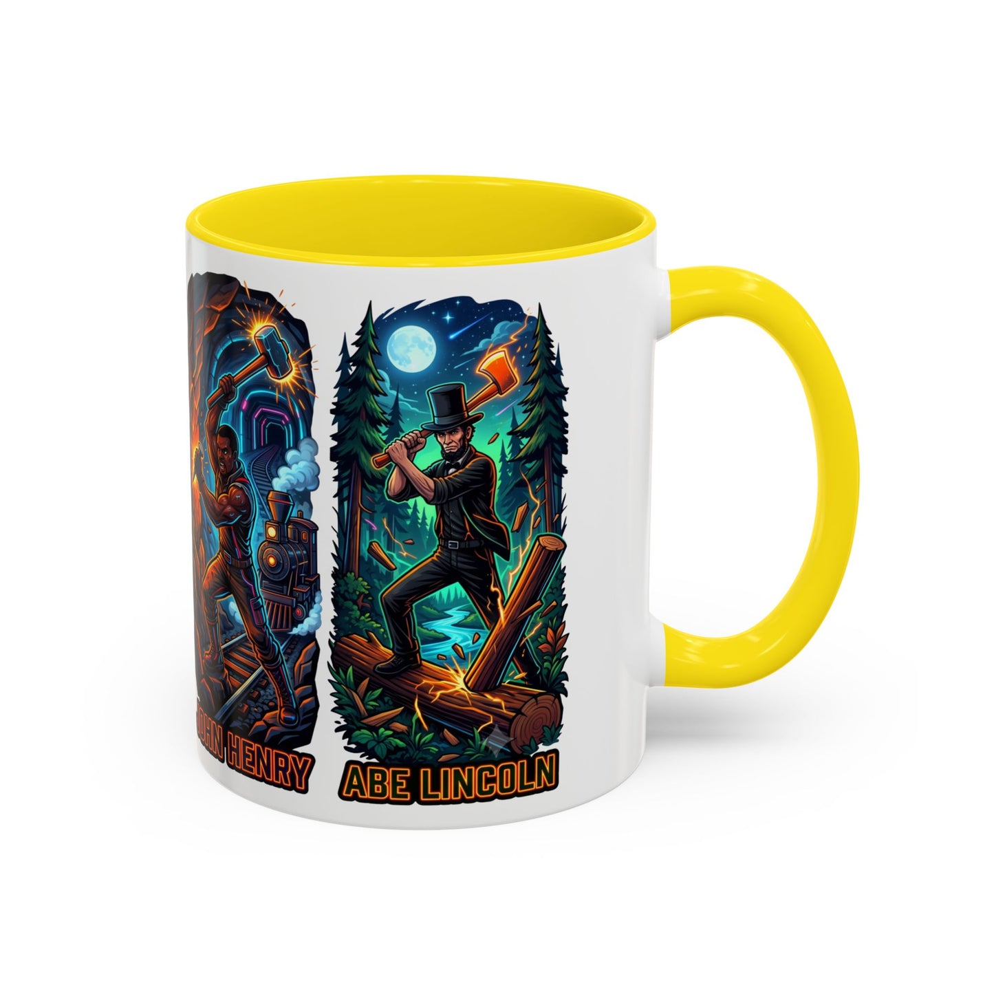 Lumberjack Legends Accent Coffee Mug — Illustrated Paul & Babe, John Henry, Abe Lincoln Designs (11/15oz)