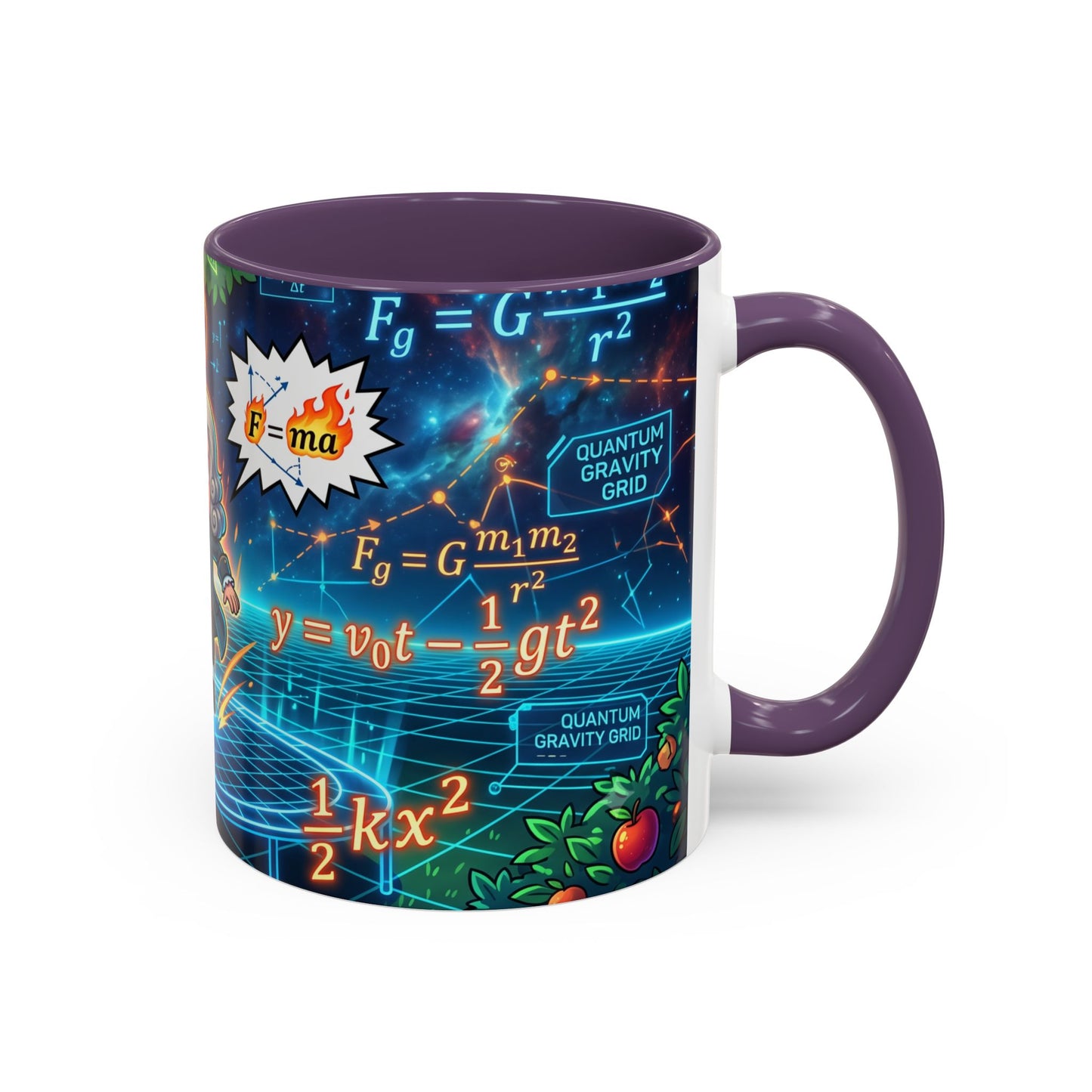 Isaac Newton Cartoon Coffee Mug — Physics Equations & Apple Science Design