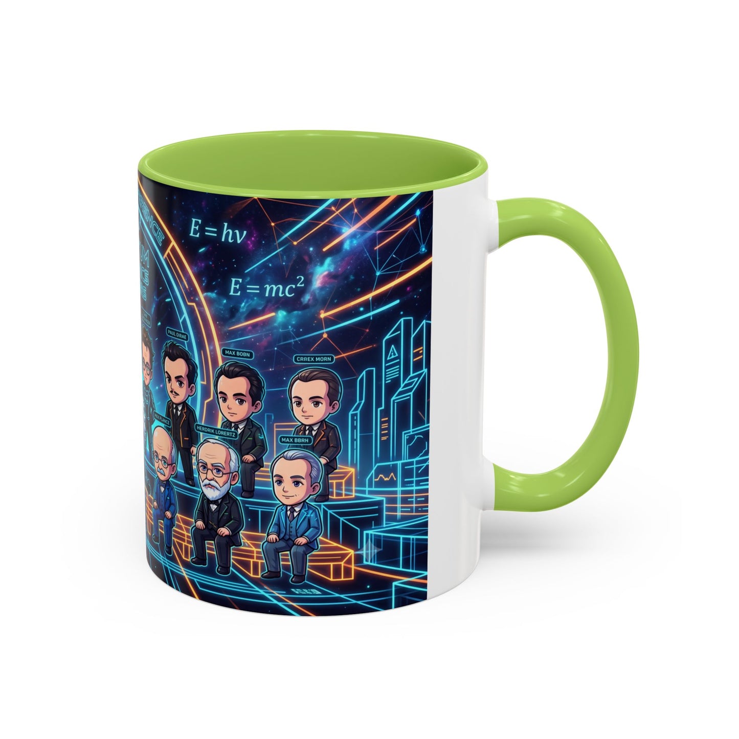 Quantum Mechanics Team Accent Coffee Mug — Cute Scientist Cartoon Design (11/15oz)