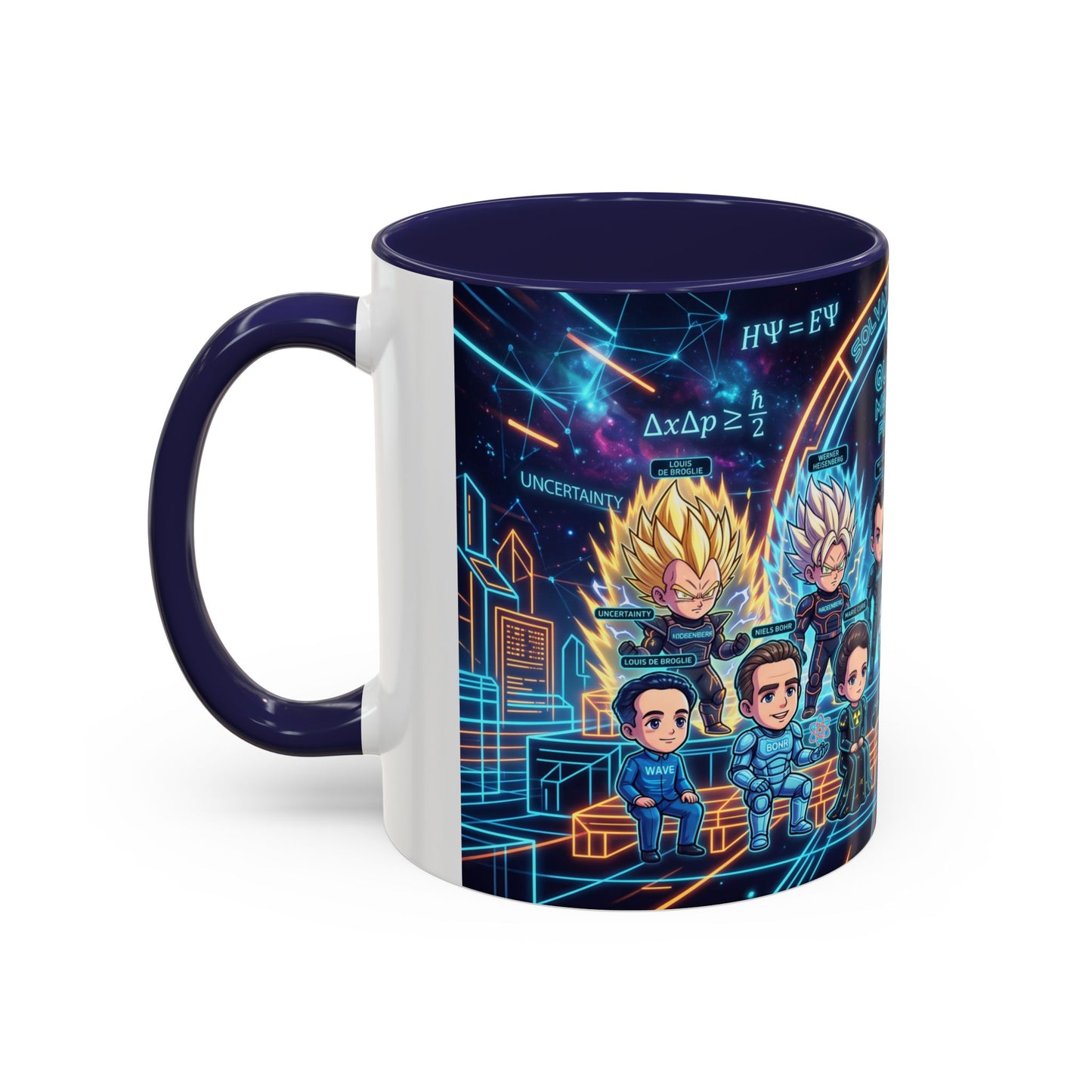 Quantum Mechanics Team Accent Coffee Mug — Cute Scientist Cartoon Design (11/15oz)