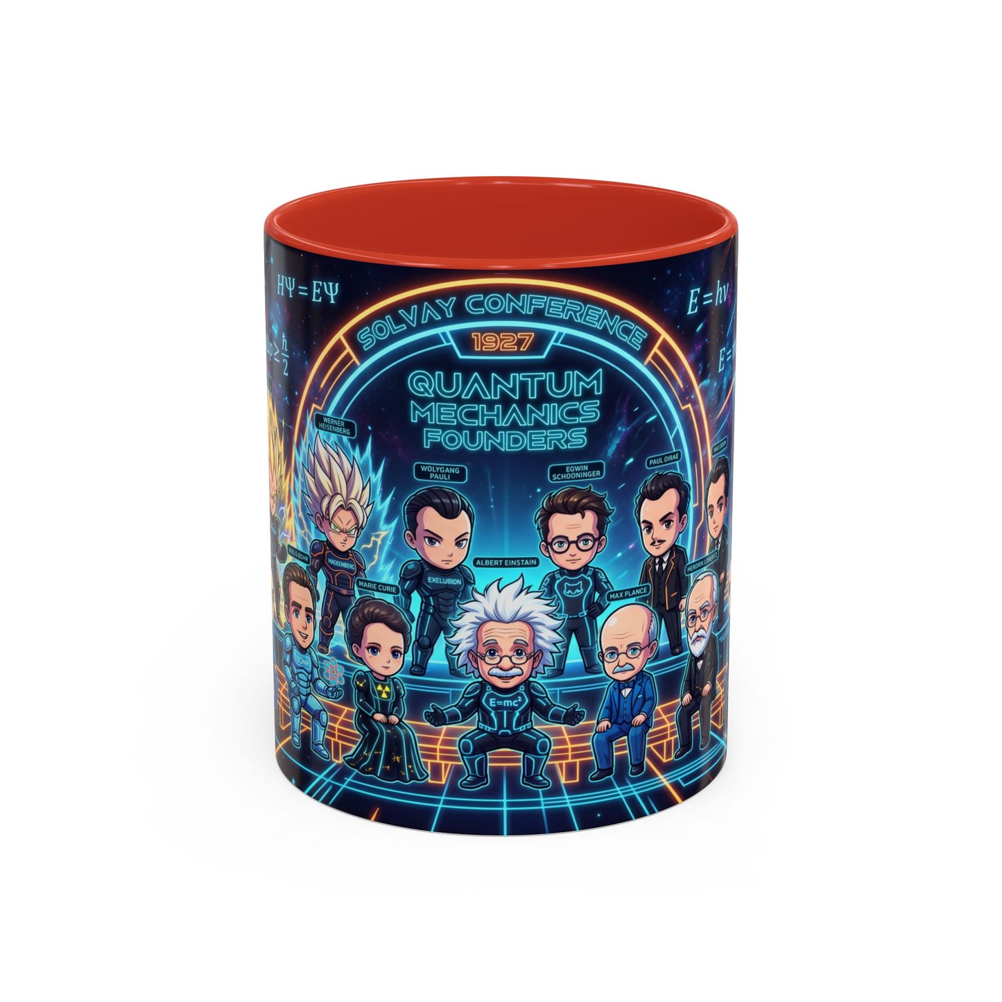 Quantum Mechanics Team Accent Coffee Mug — Cute Scientist Cartoon Design (11/15oz)