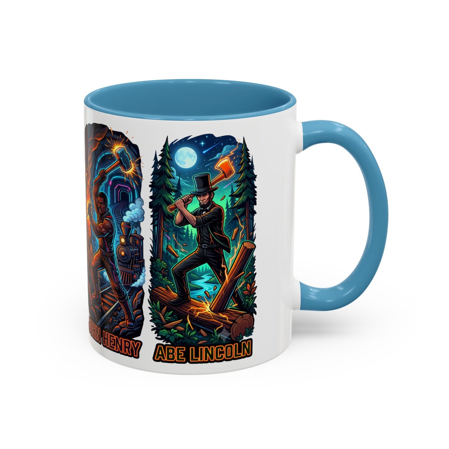 Lumberjack Legends Accent Coffee Mug — Illustrated Paul & Babe, John Henry, Abe Lincoln Designs (11/15oz)