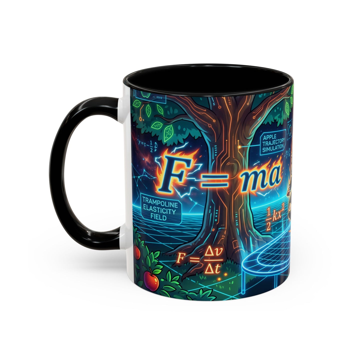 Isaac Newton Cartoon Coffee Mug — Physics Equations & Apple Science Design