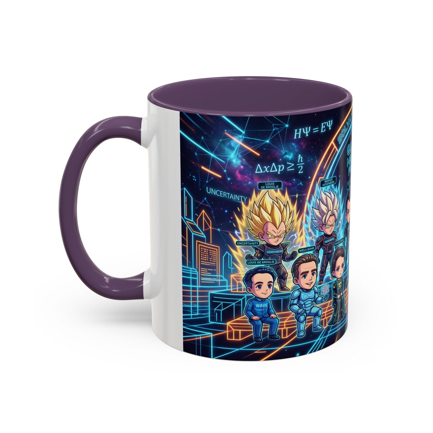 Quantum Mechanics Team Accent Coffee Mug — Cute Scientist Cartoon Design (11/15oz)