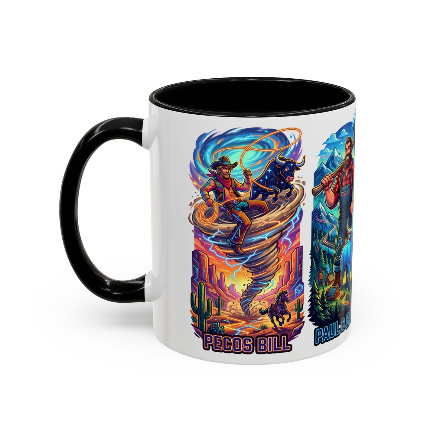 Lumberjack Legends Accent Coffee Mug — Illustrated Paul & Babe, John Henry, Abe Lincoln Designs (11/15oz)