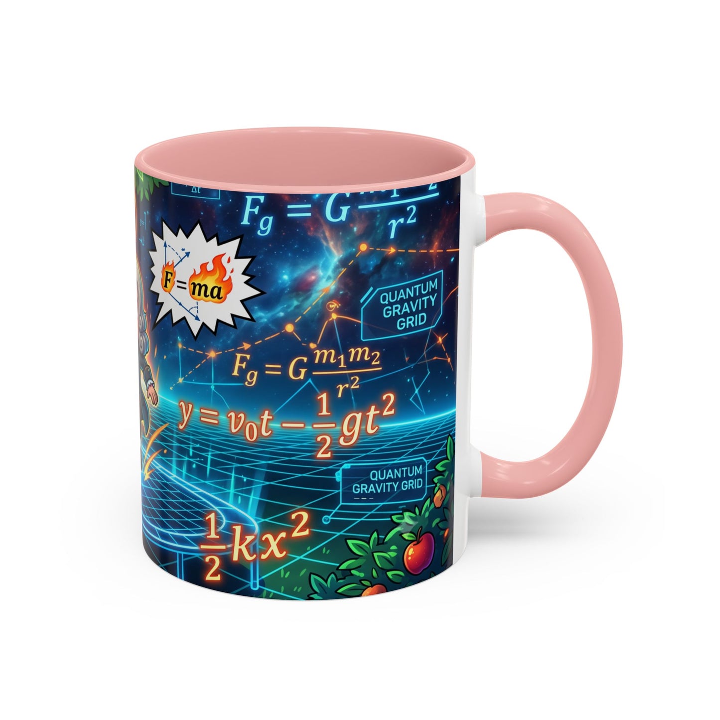 Isaac Newton Cartoon Coffee Mug — Physics Equations & Apple Science Design