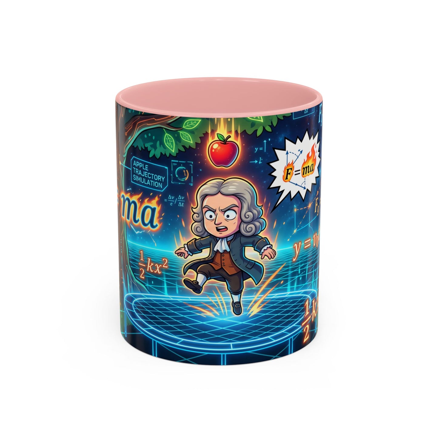 Isaac Newton Cartoon Coffee Mug — Physics Equations & Apple Science Design