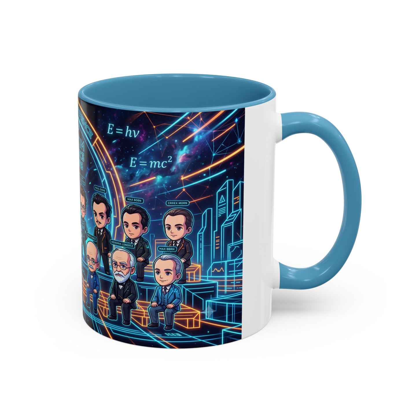 Quantum Mechanics Team Accent Coffee Mug — Cute Scientist Cartoon Design (11/15oz)