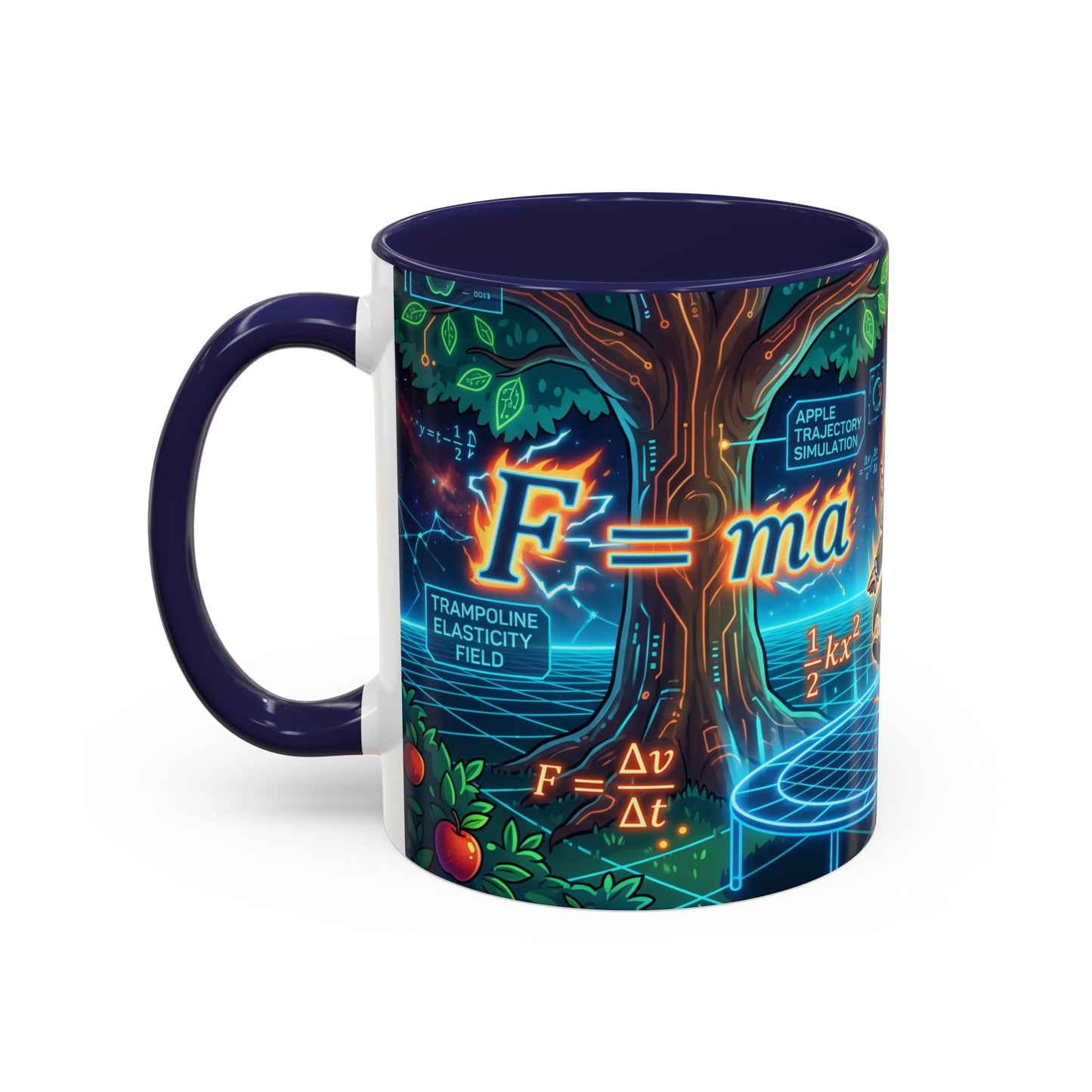 Isaac Newton Cartoon Coffee Mug — Physics Equations & Apple Science Design