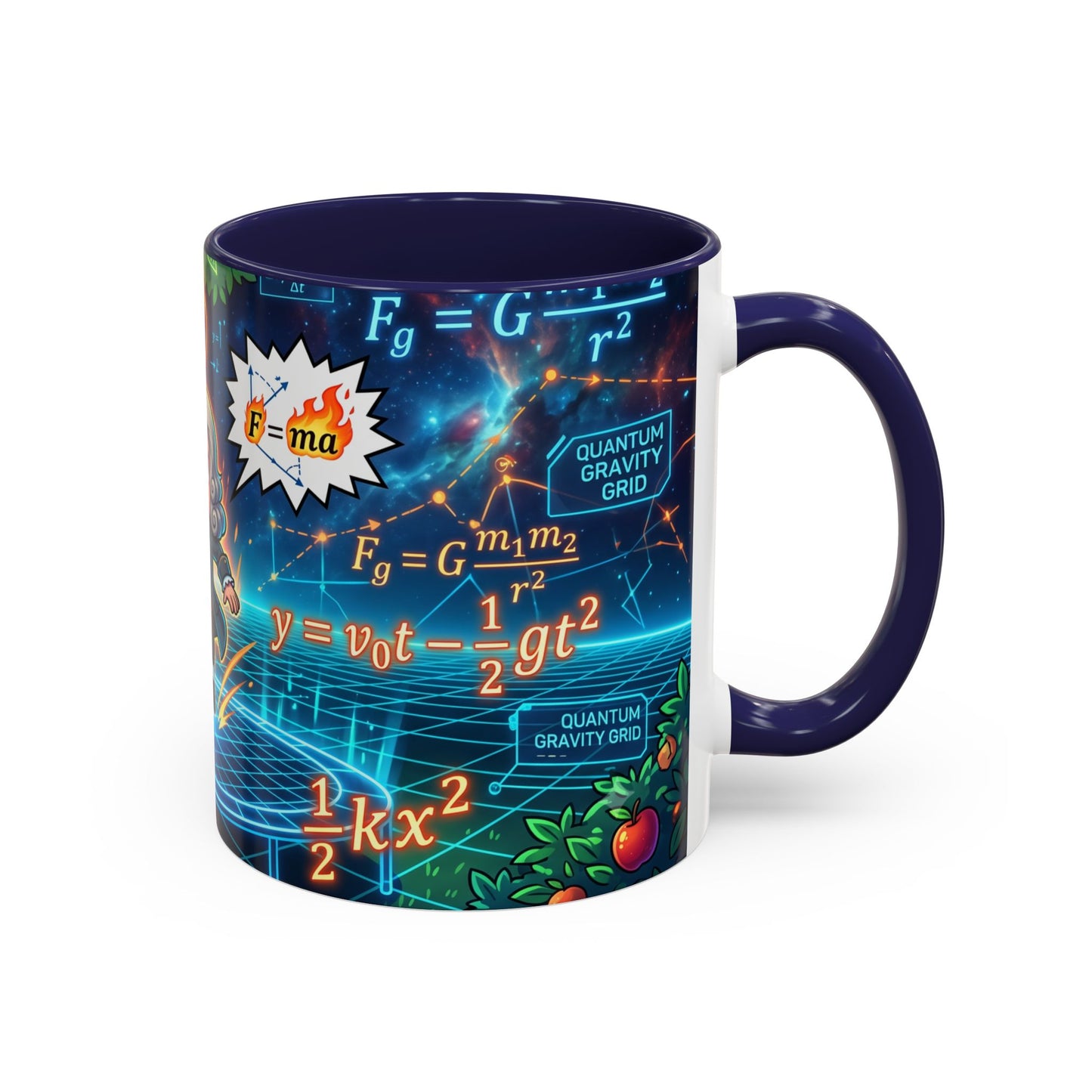 Isaac Newton Cartoon Coffee Mug — Physics Equations & Apple Science Design