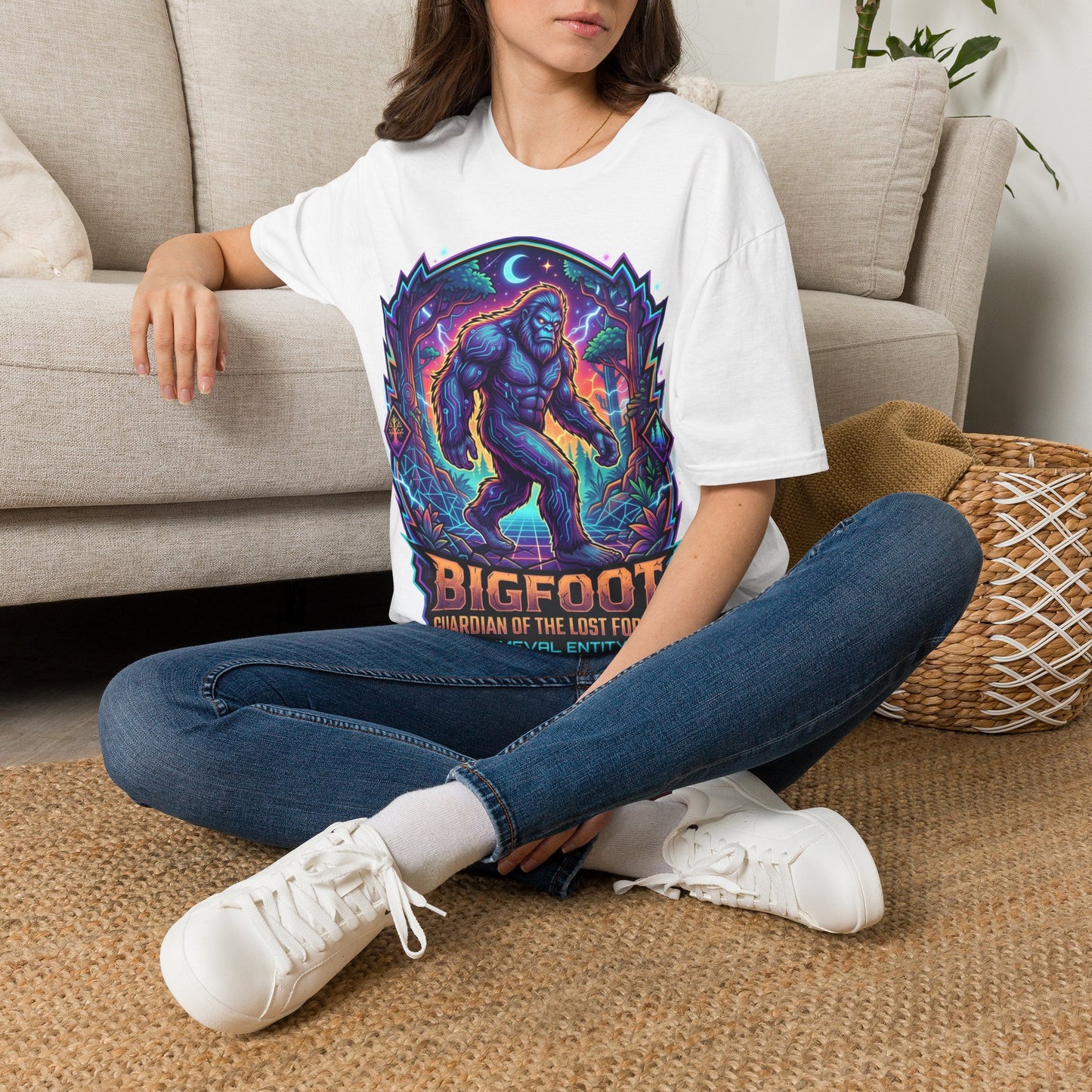 Bigfoot Graphic Tee — Retro Neon Sasquatch Illustration