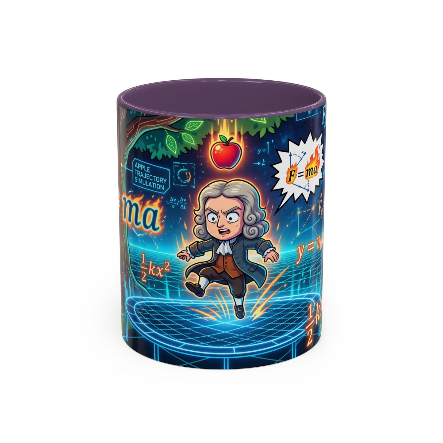 Isaac Newton Cartoon Coffee Mug — Physics Equations & Apple Science Design