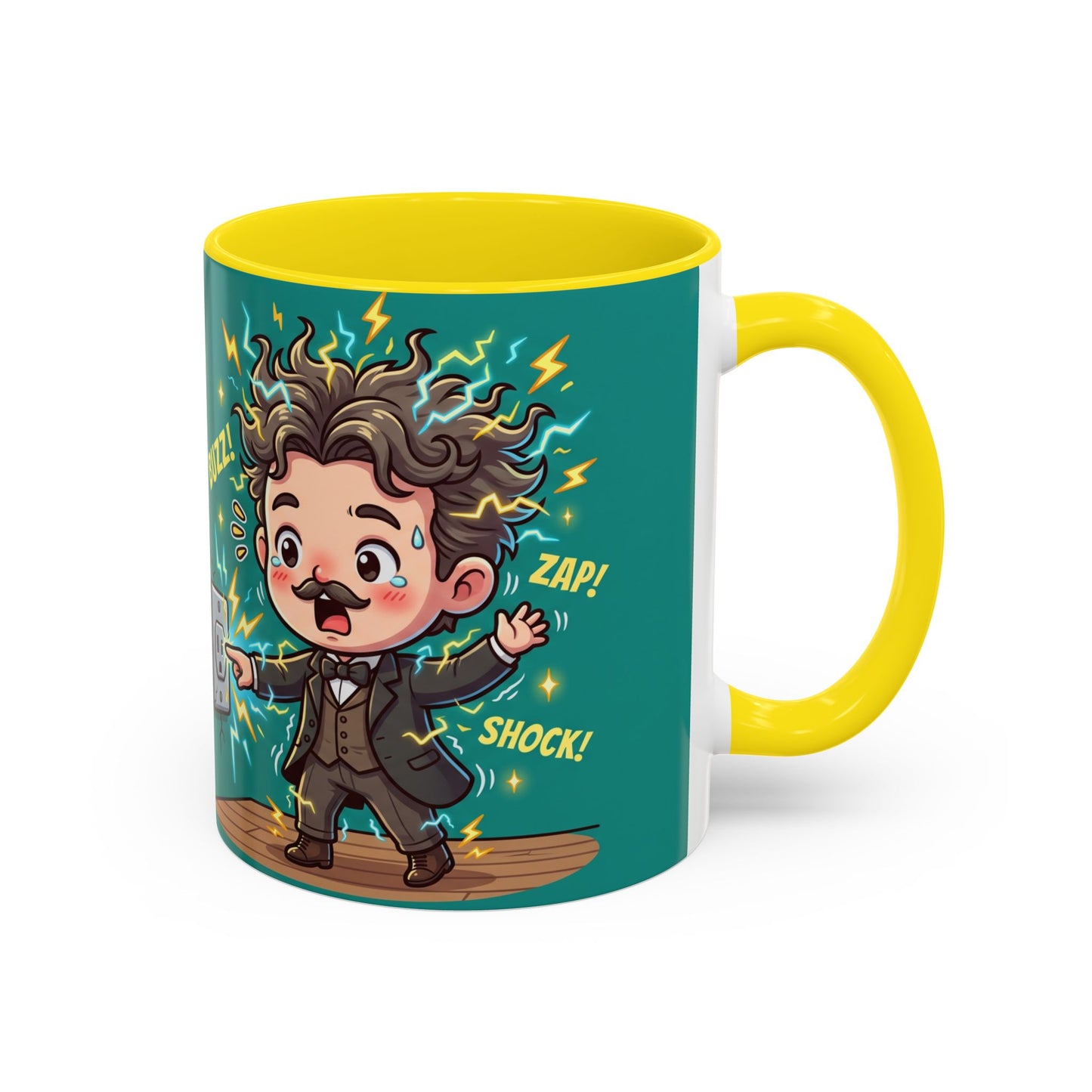 Nikola Tesla Cartoon 'Zap! Shock! Buzz!' Accent Coffee Mug (11/15oz)
