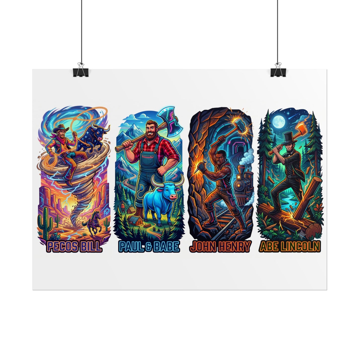Legendary Outlaws Rolled Poster — Pecos Bill, Paul Bunyan, John Henry & Abe Lincoln Art Print