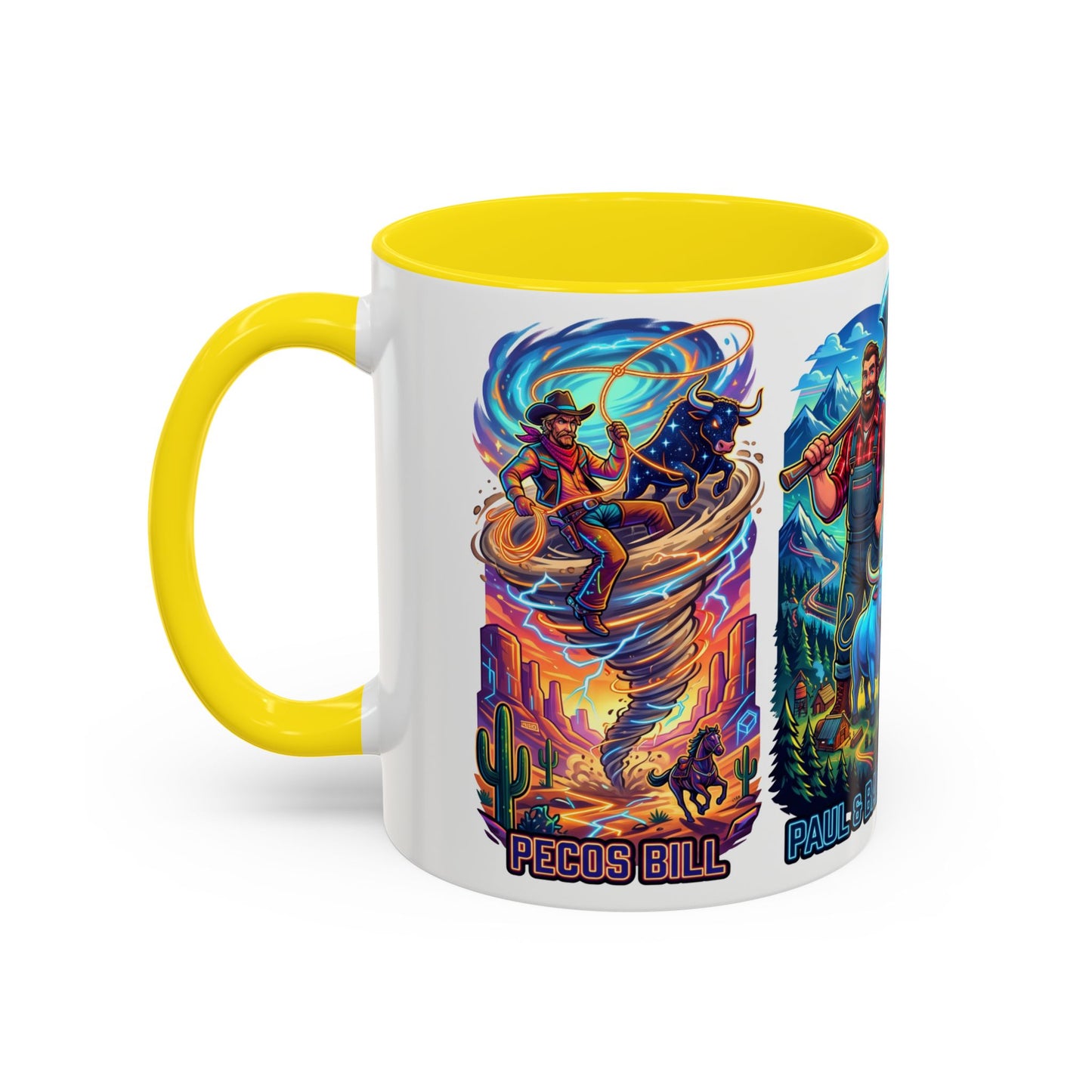 Lumberjack Legends Accent Coffee Mug — Illustrated Paul & Babe, John Henry, Abe Lincoln Designs (11/15oz)