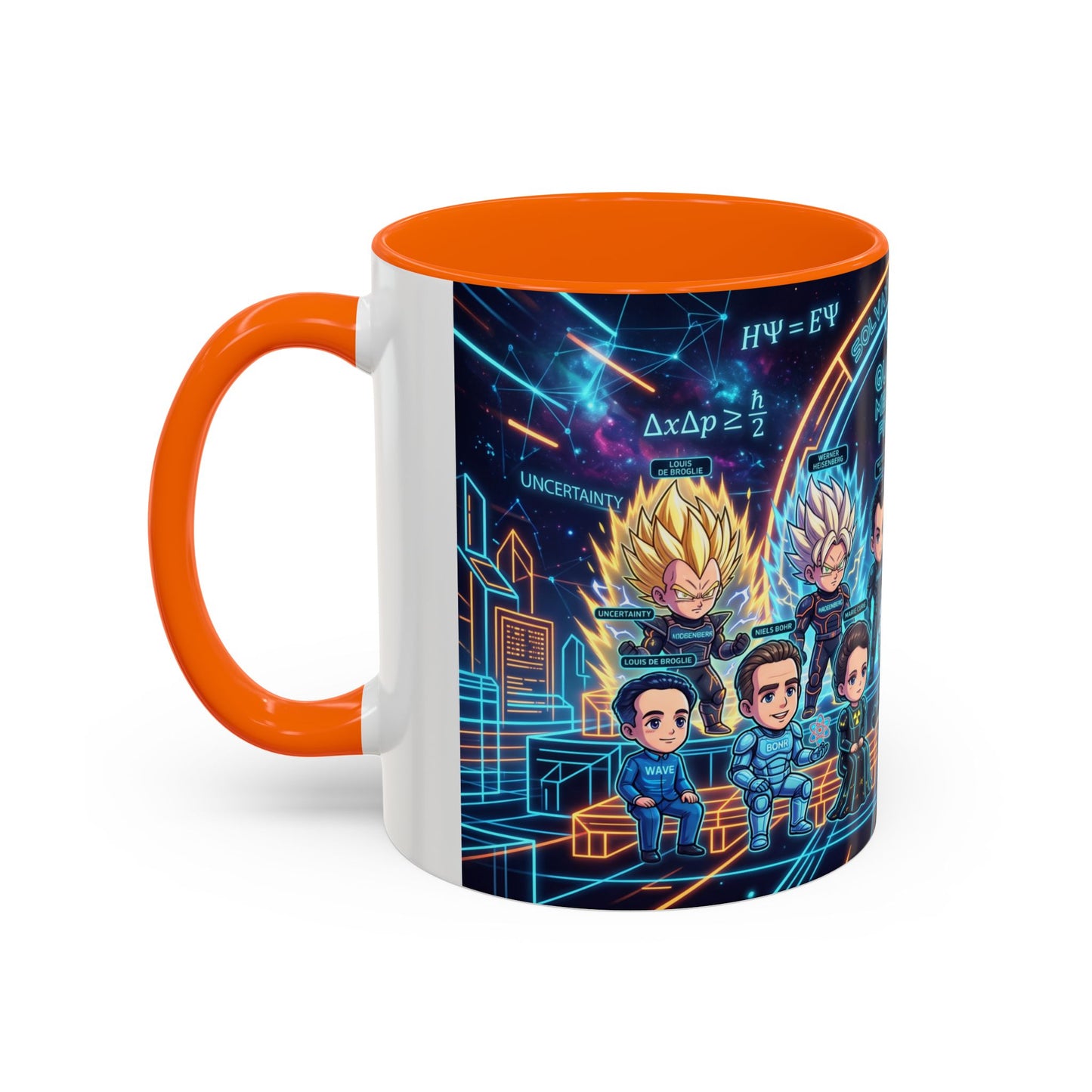 Quantum Mechanics Team Accent Coffee Mug — Cute Scientist Cartoon Design (11/15oz)