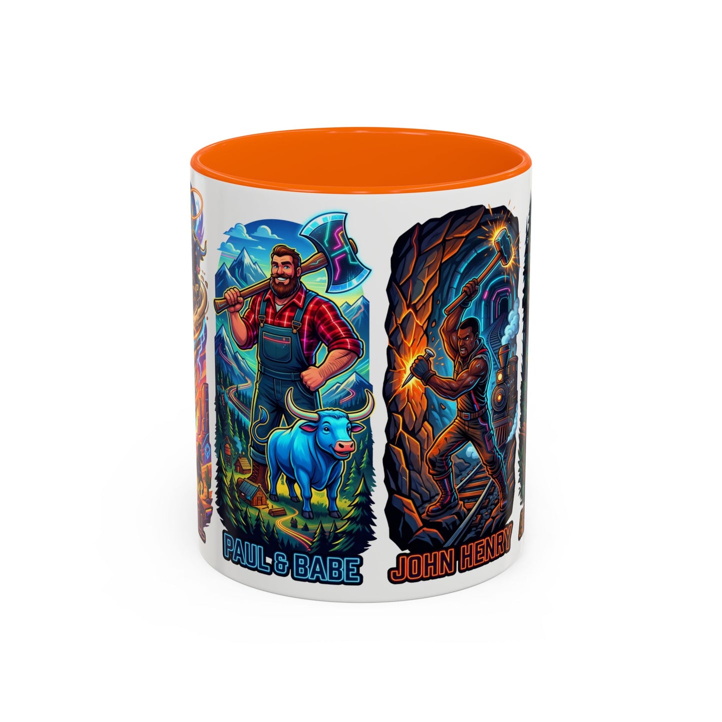 Lumberjack Legends Accent Coffee Mug — Illustrated Paul & Babe, John Henry, Abe Lincoln Designs (11/15oz)