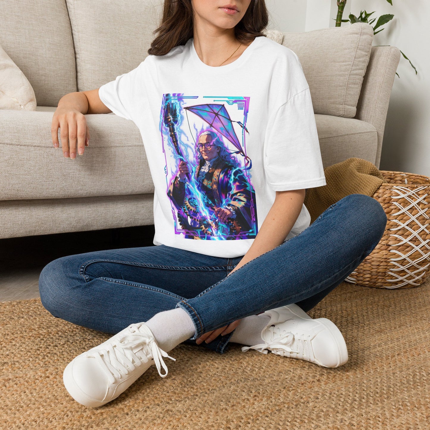 Cyberpunk Benjamin Franklin T-Shirt — Neon Wizard with Umbrella