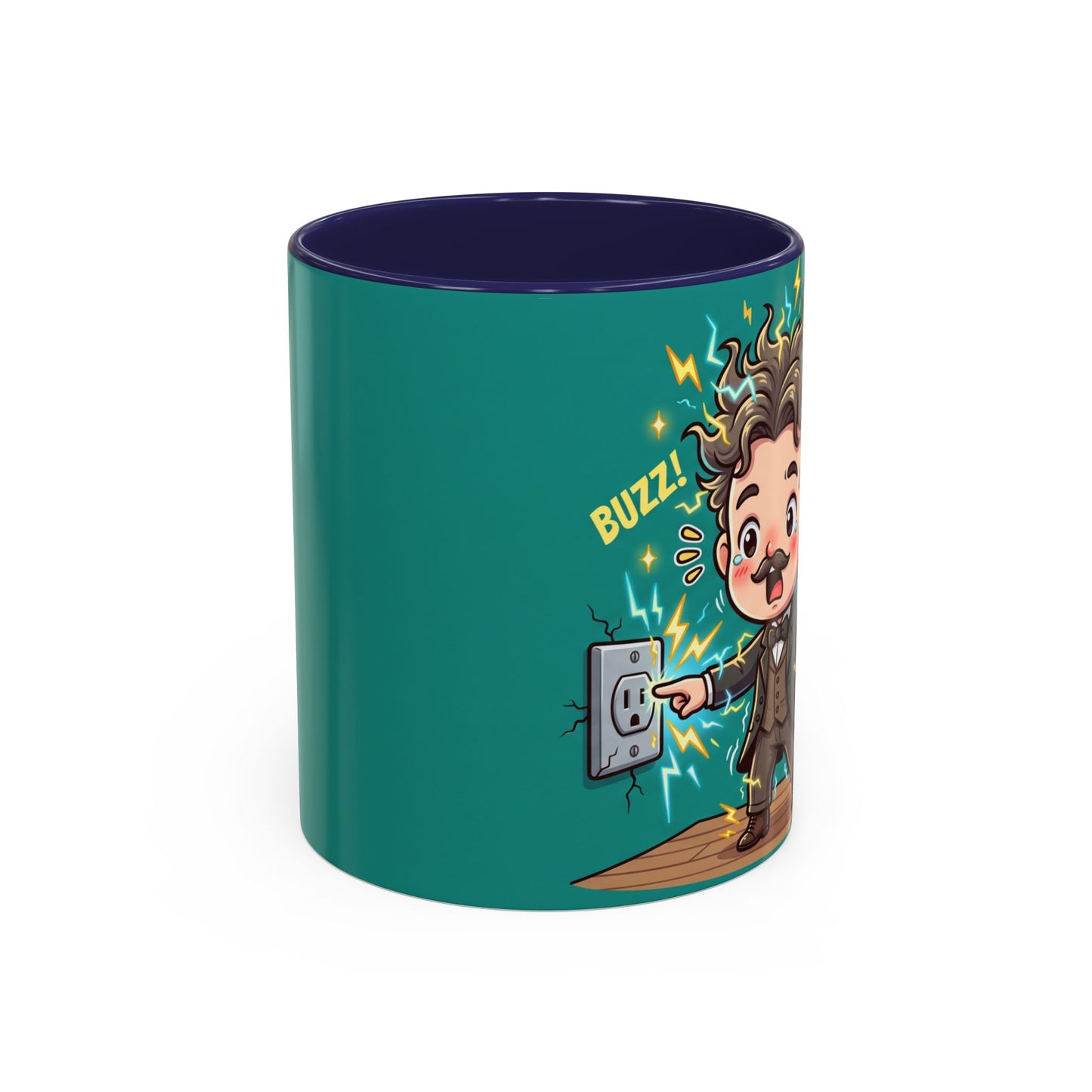 Nikola Tesla Cartoon 'Zap! Shock! Buzz!' Accent Coffee Mug (11/15oz)