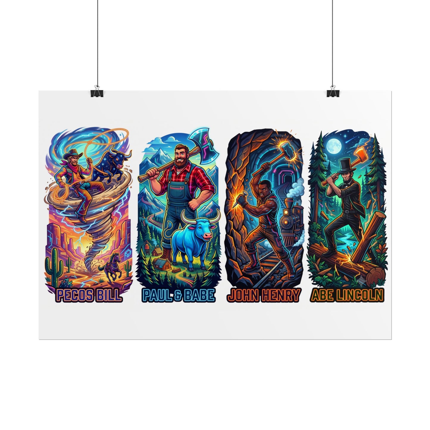 Legendary Outlaws Rolled Poster — Pecos Bill, Paul Bunyan, John Henry & Abe Lincoln Art Print
