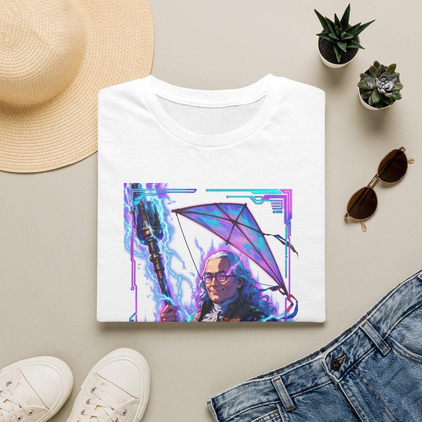 Cyberpunk Benjamin Franklin T-Shirt — Neon Wizard with Umbrella