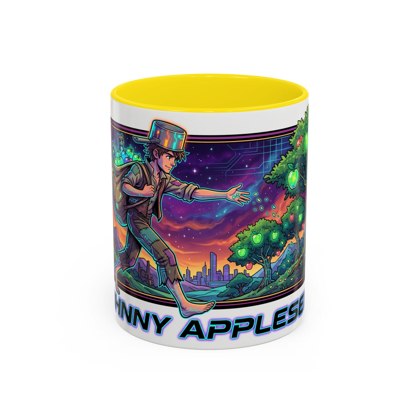 Johnny Appleseed Accent Coffee Mug — Colorful Retro Nature Art (11/15oz)