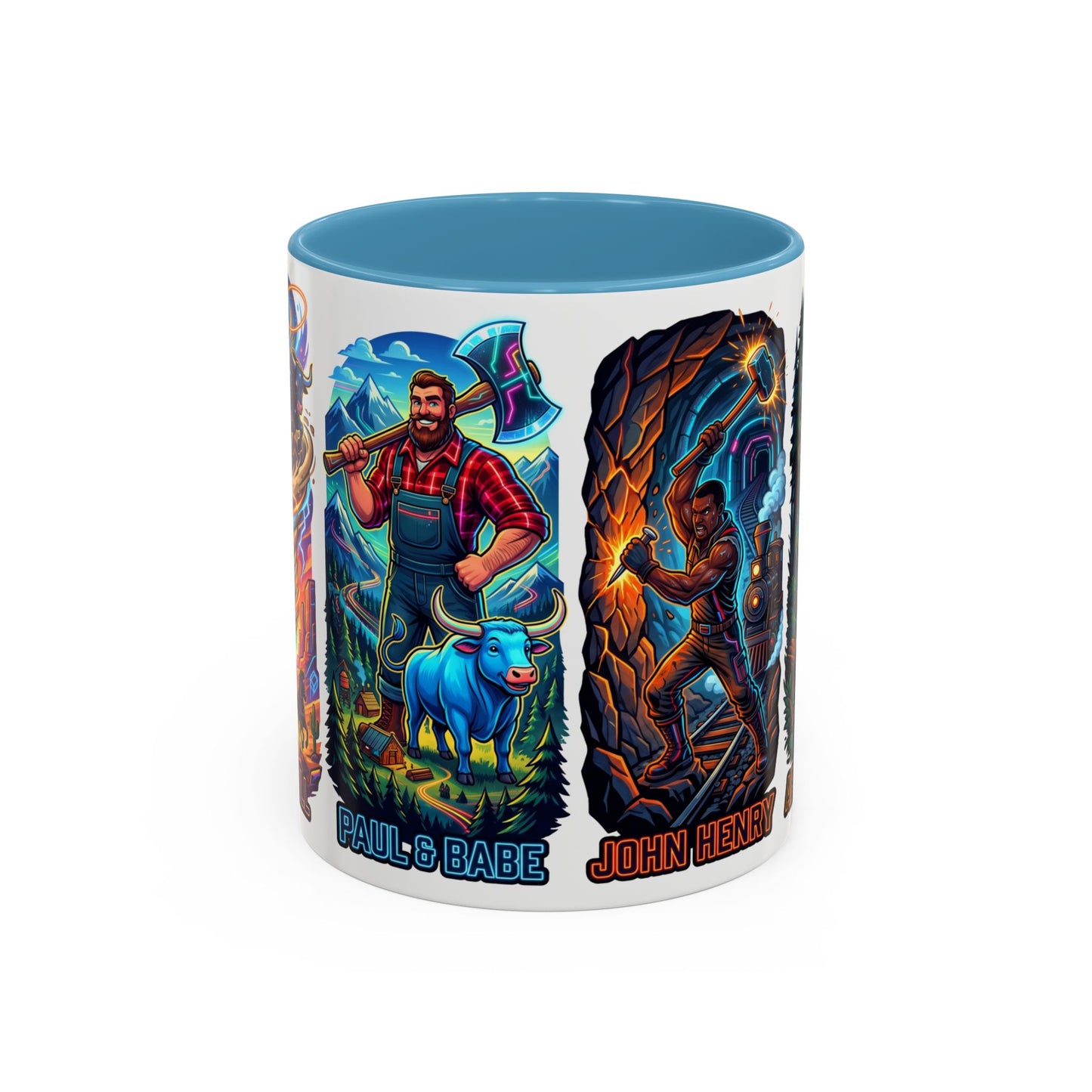 Lumberjack Legends Accent Coffee Mug — Illustrated Paul & Babe, John Henry, Abe Lincoln Designs (11/15oz)